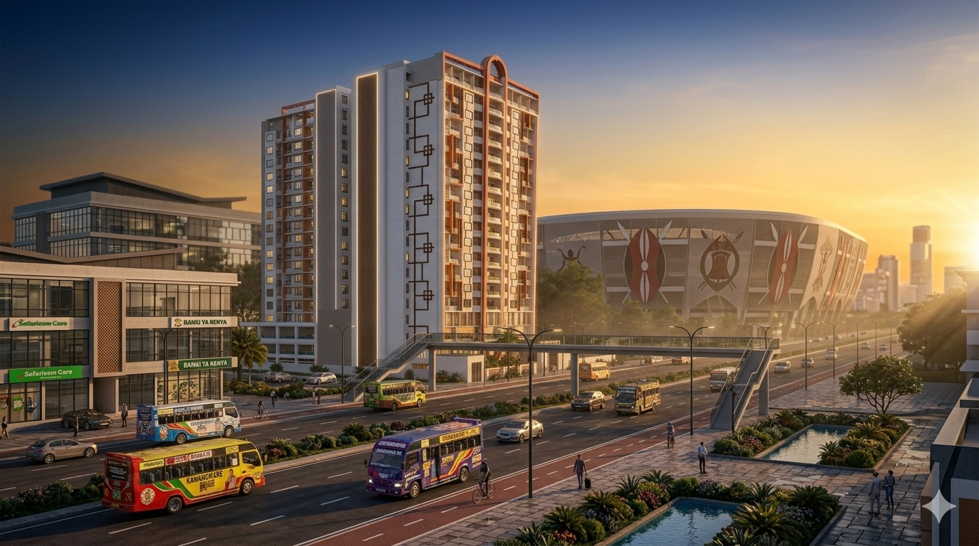 The Talanta Residences daytime view showing the 15-storey tower opposite Talanta Sports City stadium on Ngong Road, Nairobi